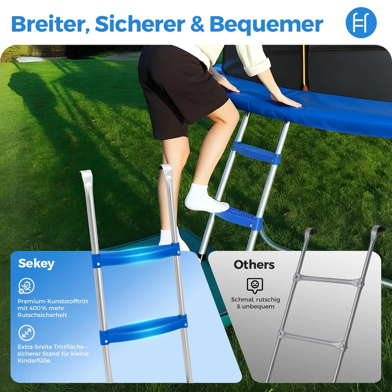 Sekey Trampolin Ø 244 cm für Garten – TÜV/GS-zertifiziertes Outdoor Trampolin mit Sicherheitsnetz, W-Beinen & Leiter – Wetterfest & stabil für Kinder ab 3 Jahren