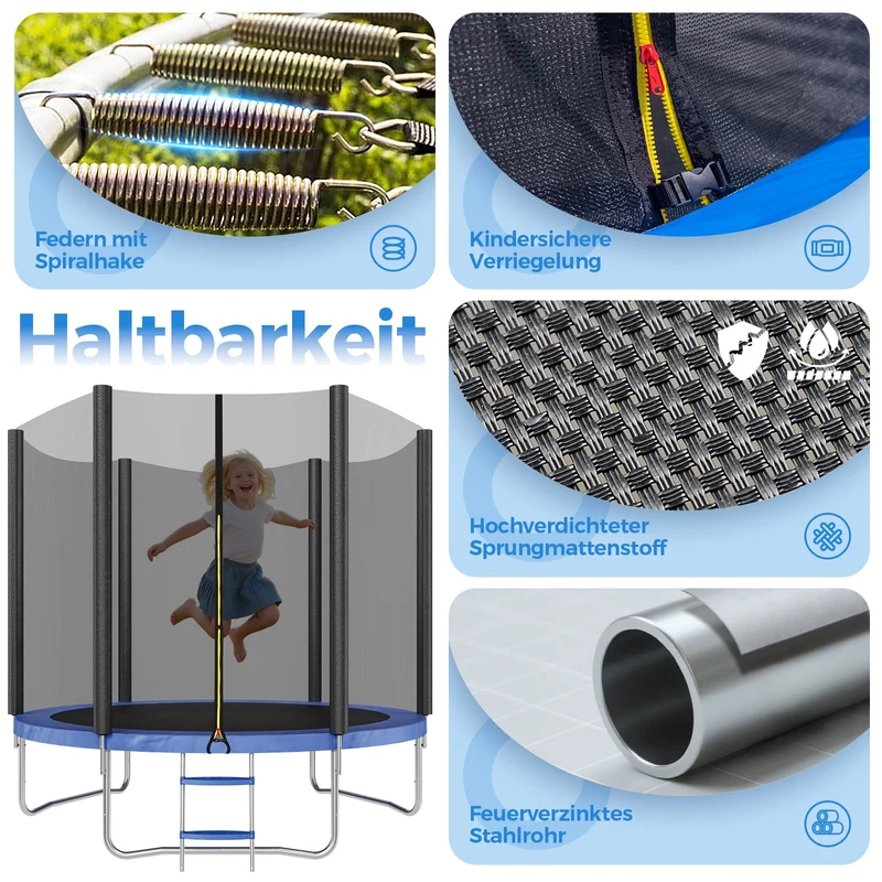 Sekey Trampolin Ø 244 cm für Garten – TÜV/GS-zertifiziertes Outdoor Trampolin mit Sicherheitsnetz, W-Beinen & Leiter – Wetterfest & stabil für Kinder ab 3 Jahren
