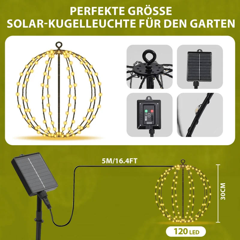 Salcar Solar LED Kugel Lichterkette warmweiß – 30 cm Ø mit 120 LEDs, 8 Modi & Fernbedienung, USB & Solar, IP44 wasserdicht, für Garten & Weihnachten