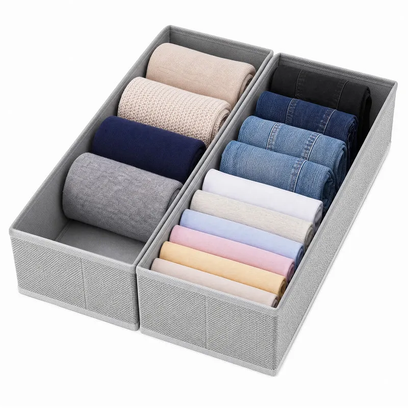 Sekey Schubladen Organizer 2er Set – Faltbare Aufbewahrungsboxen aus Vliesstoff für Kleidung, Unterwäsche & Accessoires, 22 x 51 x 11 cm, Hellgrau Leinenoptik