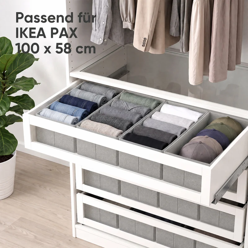 Sekey Schubladen Organizer 2er Set – Faltbare Aufbewahrungsboxen aus Vliesstoff für Kleidung, Unterwäsche & Accessoires, 22 x 51 x 11 cm, Hellgrau Leinenoptik