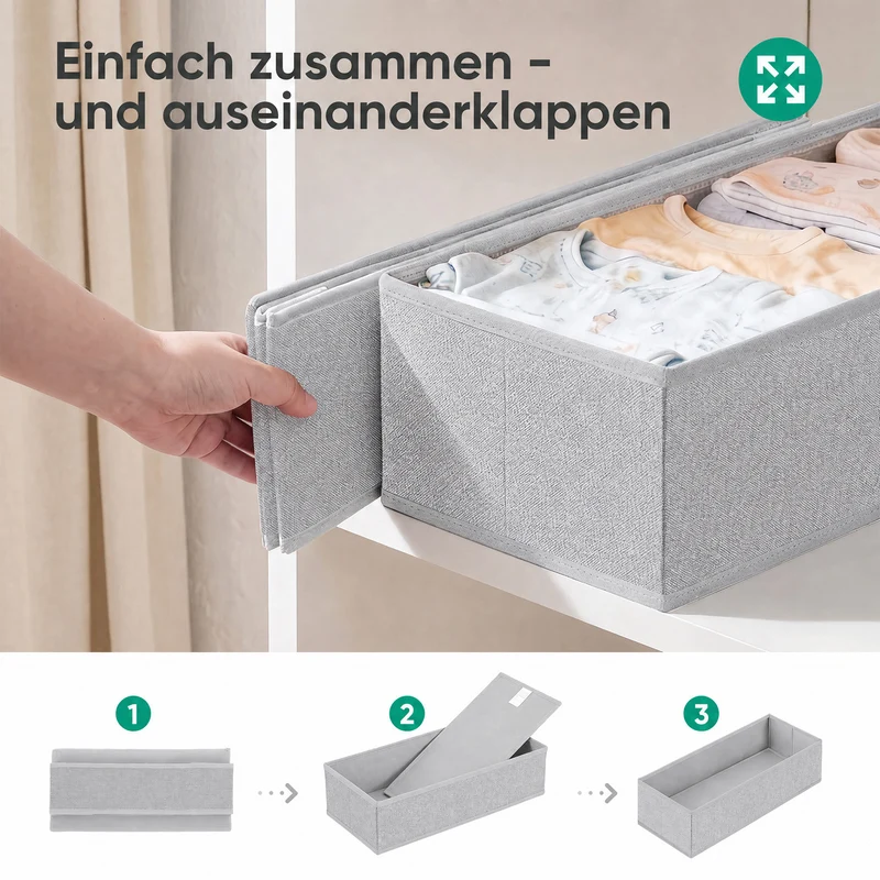 Sekey Schubladen Organizer 2er Set – Faltbare Aufbewahrungsboxen aus Vliesstoff für Kleidung, Unterwäsche & Accessoires, 22 x 51 x 11 cm, Hellgrau Leinenoptik