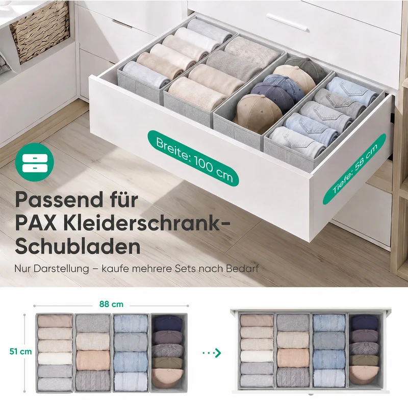 Sekey Schubladen Organizer 2er Set – Faltbare Aufbewahrungsboxen aus Vliesstoff für Kleidung, Unterwäsche & Accessoires, 22 x 51 x 11 cm, Hellgrau Leinenoptik