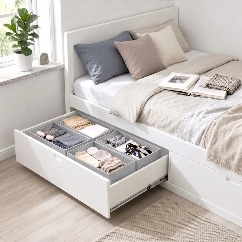 Sekey Schubladen Organizer 2er Set – Faltbare Aufbewahrungsboxen aus Vliesstoff für Kleidung, Unterwäsche & Accessoires, 22 x 51 x 11 cm, Hellgrau Leinenoptik