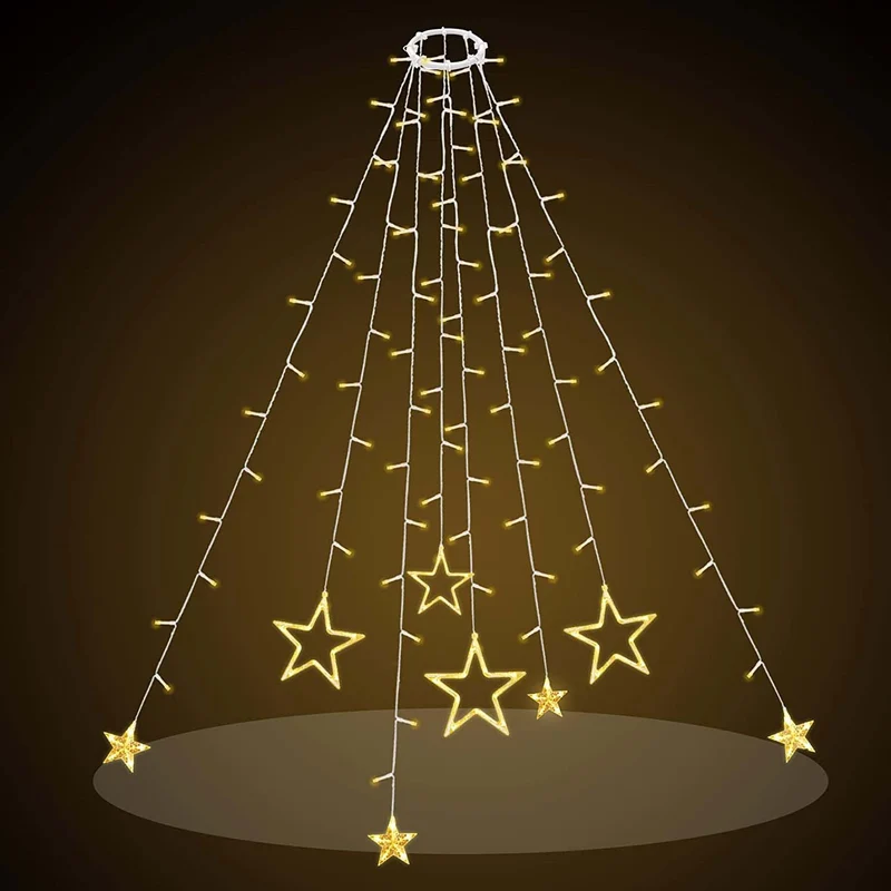 Salcar Christbaumbeleuchtung 1,5 m mit Ring – LED Weihnachtsbaum Lichterkette mit 148 LEDs, 8 Sternen, Fernbedienung & 9 Lichtmodi, Warmweiß, USB, für 0,8–2,3 m Weihnachtsbäume