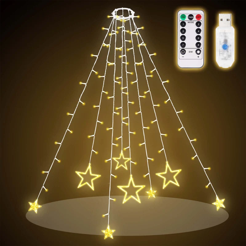 Salcar Christbaumbeleuchtung 1,5 m mit Ring – LED Weihnachtsbaum Lichterkette mit 148 LEDs, 8 Sternen, Fernbedienung & 9 Lichtmodi, Warmweiß, USB, für 0,8–2,3 m Weihnachtsbäume