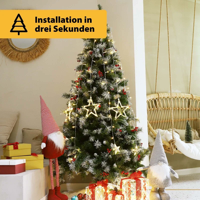 Salcar Christbaumbeleuchtung 1,5 m mit Ring – LED Weihnachtsbaum Lichterkette mit 148 LEDs, 8 Sternen, Fernbedienung & 9 Lichtmodi, Warmweiß, USB, für 0,8–2,3 m Weihnachtsbäume