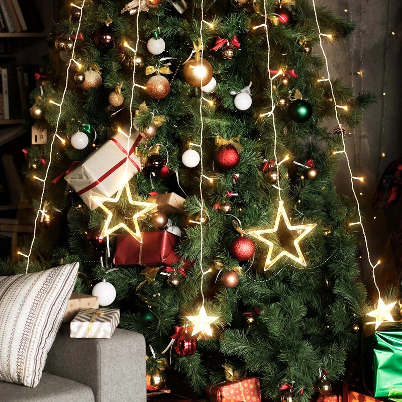 Salcar Christbaumbeleuchtung 1,5 m mit Ring – LED Weihnachtsbaum Lichterkette mit 148 LEDs, 8 Sternen, Fernbedienung & 9 Lichtmodi, Warmweiß, USB, für 0,8–2,3 m Weihnachtsbäume
