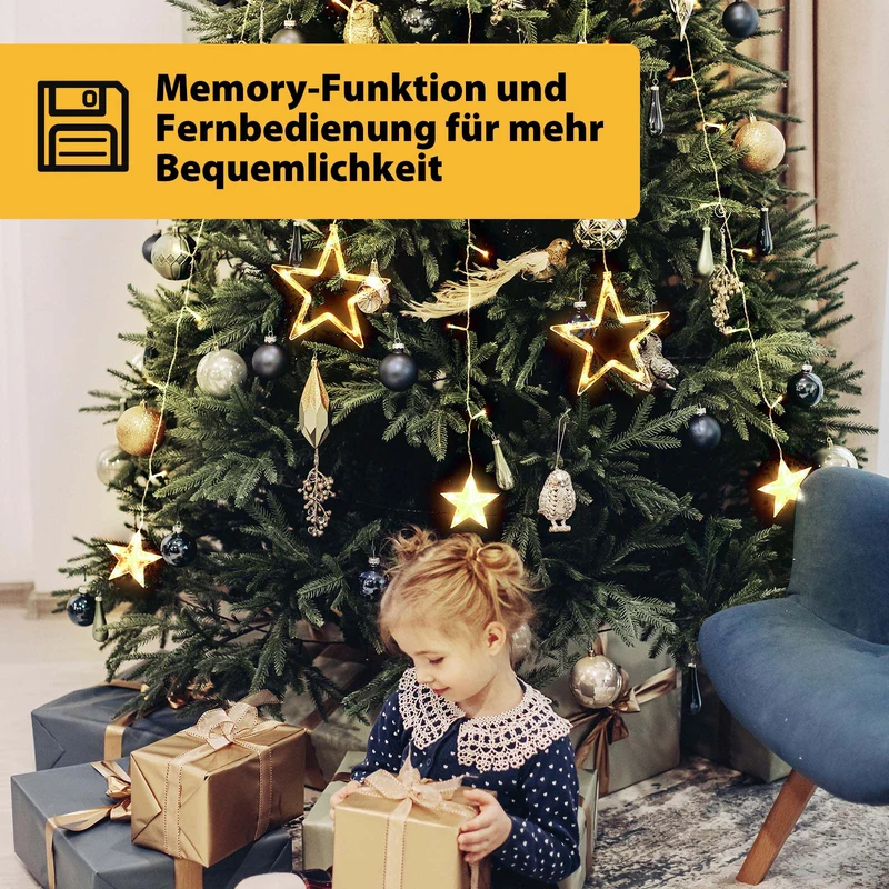 Salcar Christbaumbeleuchtung 1,5 m mit Ring – LED Weihnachtsbaum Lichterkette mit 148 LEDs, 8 Sternen, Fernbedienung & 9 Lichtmodi, Warmweiß, USB, für 0,8–2,3 m Weihnachtsbäume