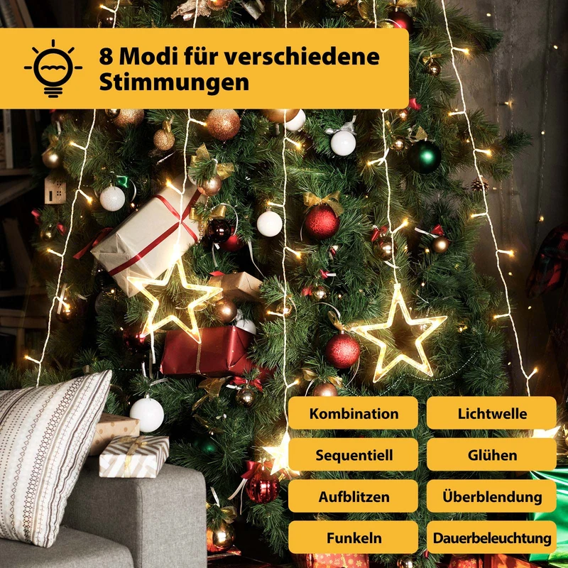 Salcar Christbaumbeleuchtung 1,5 m mit Ring – LED Weihnachtsbaum Lichterkette mit 148 LEDs, 8 Sternen, Fernbedienung & 9 Lichtmodi, Warmweiß, USB, für 0,8–2,3 m Weihnachtsbäume