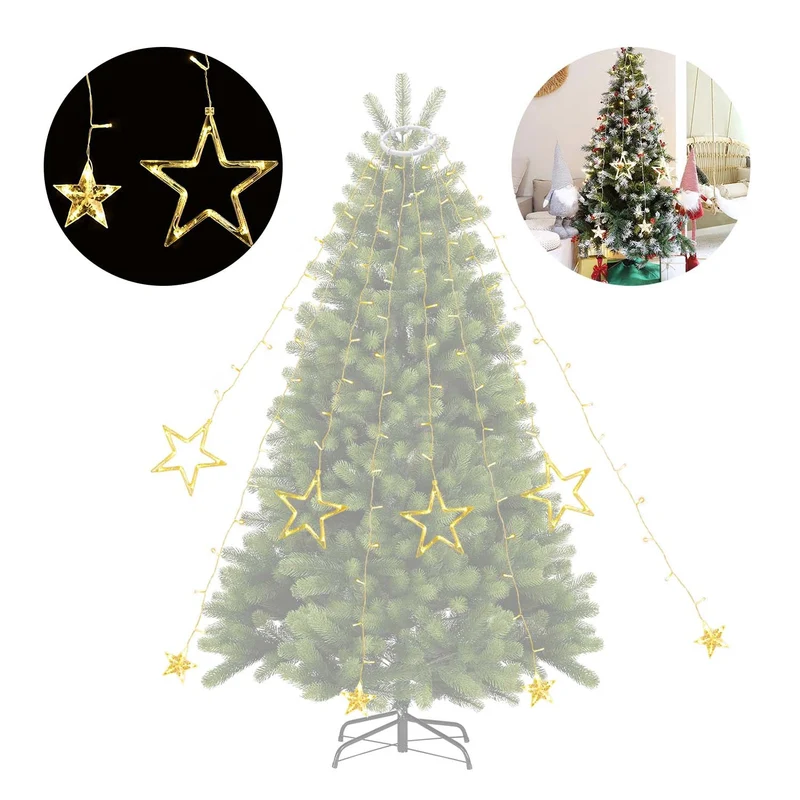 Salcar Christbaumbeleuchtung 1,5 m mit Ring – LED Weihnachtsbaum Lichterkette mit 148 LEDs, 8 Sternen, Fernbedienung & 9 Lichtmodi, Warmweiß, USB, für 0,8–2,3 m Weihnachtsbäume