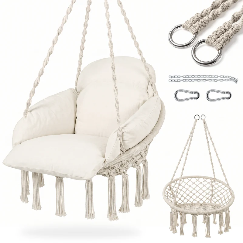 Sekey Hängesessel 360° drehbar mit Ringkissen – Boho Hängestuhl aus Recycling-Baumwolle, gemütlicher Hängesitz mit Metallkette & Karabinern für Wohnzimmer, Balkon und Terrasse