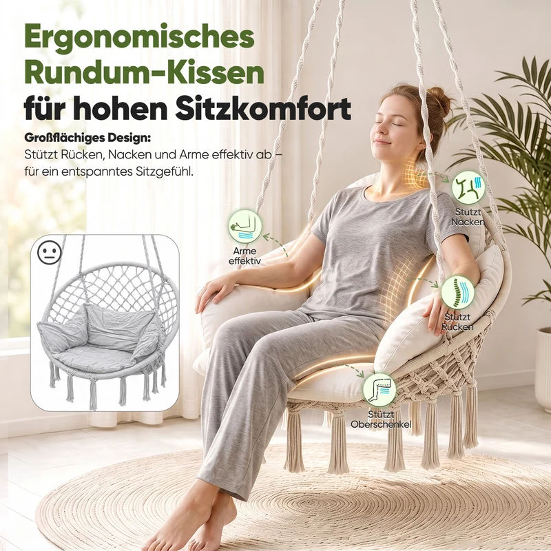 Sekey Hängesessel 360° drehbar mit Ringkissen – Boho Hängestuhl aus Recycling-Baumwolle, gemütlicher Hängesitz mit Metallkette & Karabinern für Wohnzimmer, Balkon und Terrasse