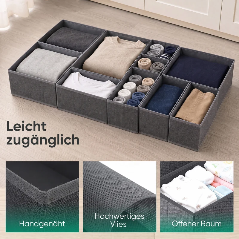 Sekey Schubladen-Organizer 12er Set – Faltbare Kleiderschrank Organizer aus Vliesstoff mit stabiler Bodenplatte, Aufbewahrungsboxen für Unterwäsche, Socken, Kleidung & Accessoires