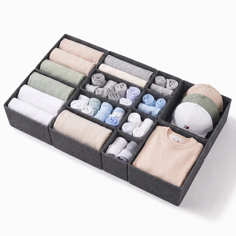 Sekey Schubladen-Organizer 12er Set – Faltbare Kleiderschrank Organizer aus Vliesstoff mit stabiler Bodenplatte, Aufbewahrungsboxen für Unterwäsche, Socken, Kleidung & Accessoires
