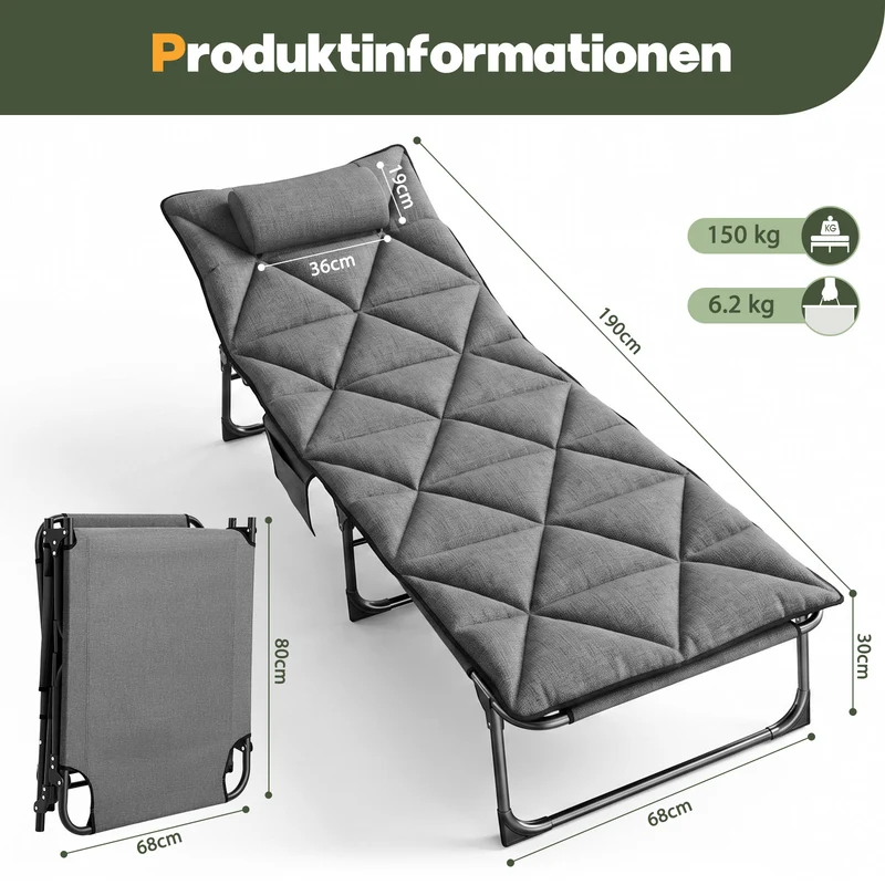 Sekey Campingliege Klappliege klappbar mit Matratze & Kopfkissen, 6-fach verstellbare Rückenlehne, Feldbett bis 150 kg, Gartenliege, Sonnenliege & Gästebett 190 × 68 cm