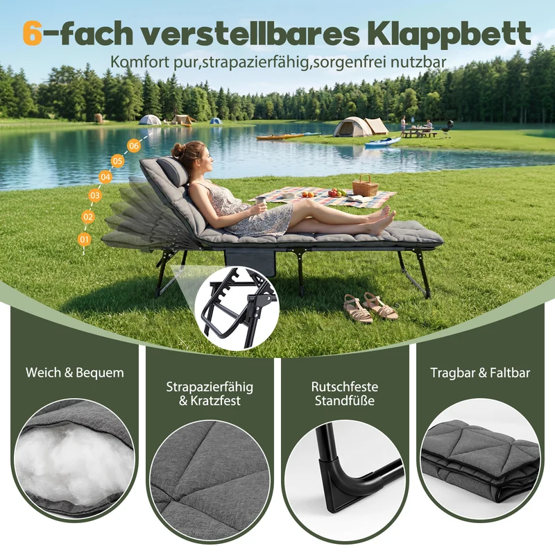 Sekey Campingliege Klappliege klappbar mit Matratze & Kopfkissen, 6-fach verstellbare Rückenlehne, Feldbett bis 150 kg, Gartenliege, Sonnenliege & Gästebett 190 × 68 cm