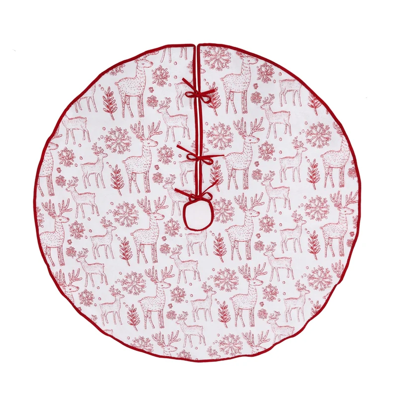 Salcar Beidseitig bestickte Weihnachtsbaumdecke in Rot und Weiß – Doppelseitiger Christbaumrock mit Rentier- & Schneeflockenmotiv