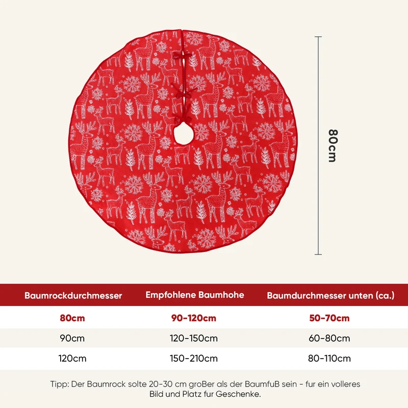 Salcar Beidseitig bestickte Weihnachtsbaumdecke in Rot und Weiß – Doppelseitiger Christbaumrock mit Rentier- & Schneeflockenmotiv