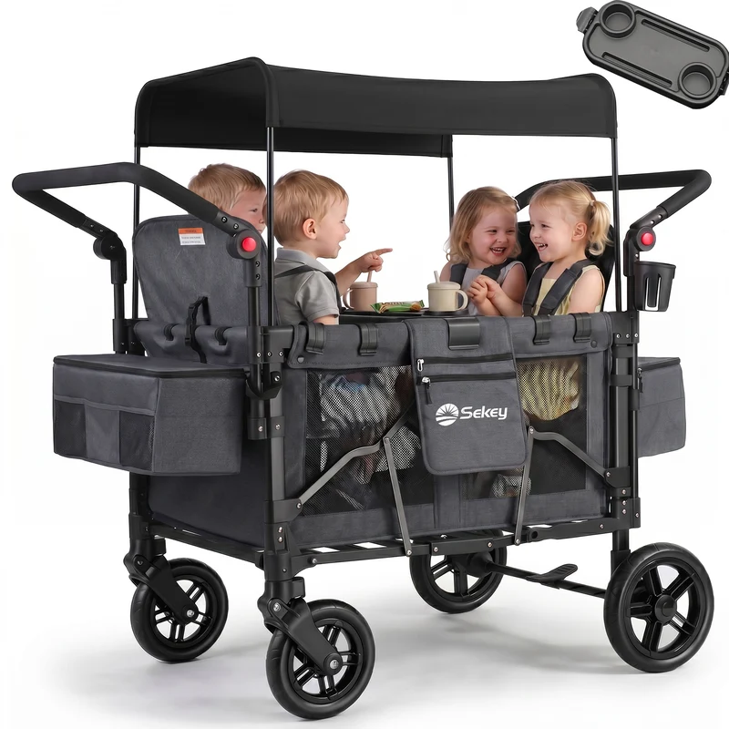 Sekey Kinder-Bollerwagen 7070, faltbar, mit Zwillingsmodus Face-to-Face & Back-to-Back, 80 kg Tragkraft, 5-Punkt-Gurt, 4-Rad-Federung, Sonnendach, Kühltasche & Getränkehalter Produktbeschreibung