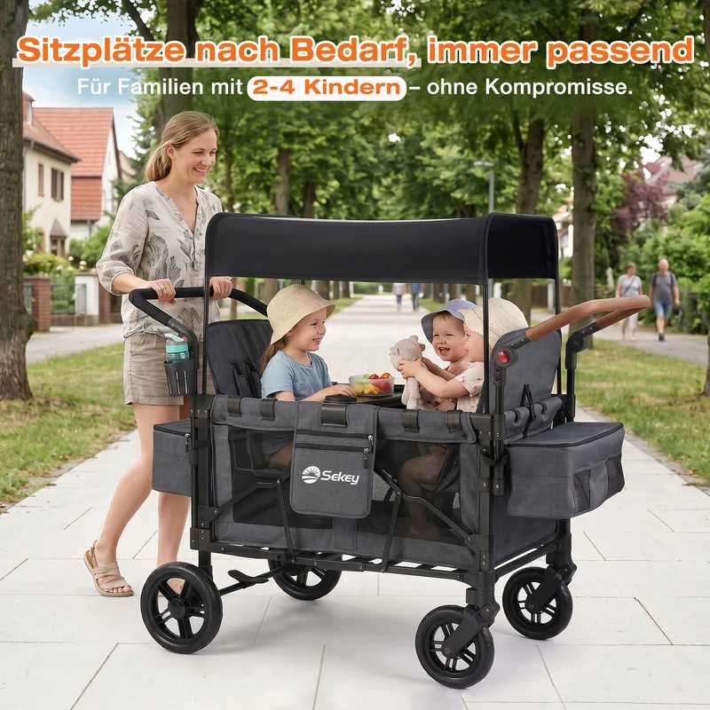 Sekey Kinder-Bollerwagen 7070, faltbar, mit Zwillingsmodus Face-to-Face & Back-to-Back, 80 kg Tragkraft, 5-Punkt-Gurt, 4-Rad-Federung, Sonnendach, Kühltasche & Getränkehalter Produktbeschreibung