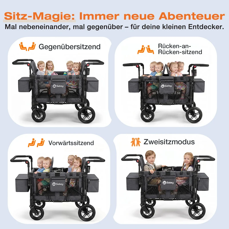 Sekey Kinder-Bollerwagen 7070, faltbar, mit Zwillingsmodus Face-to-Face & Back-to-Back, 80 kg Tragkraft, 5-Punkt-Gurt, 4-Rad-Federung, Sonnendach, Kühltasche & Getränkehalter Produktbeschreibung