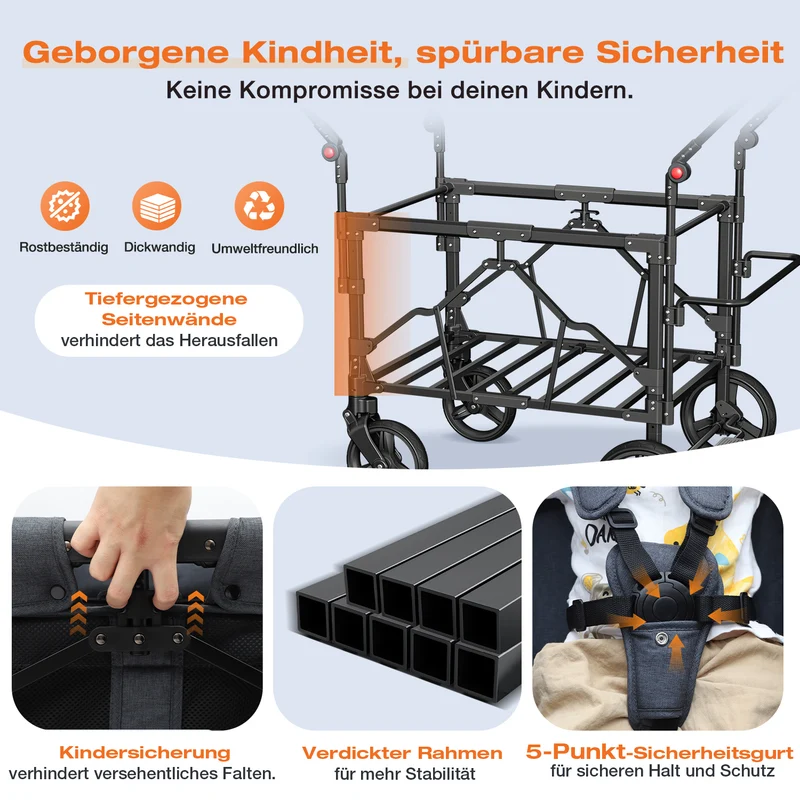 Sekey Kinder-Bollerwagen 7070, faltbar, mit Zwillingsmodus Face-to-Face & Back-to-Back, 80 kg Tragkraft, 5-Punkt-Gurt, 4-Rad-Federung, Sonnendach, Kühltasche & Getränkehalter Produktbeschreibung
