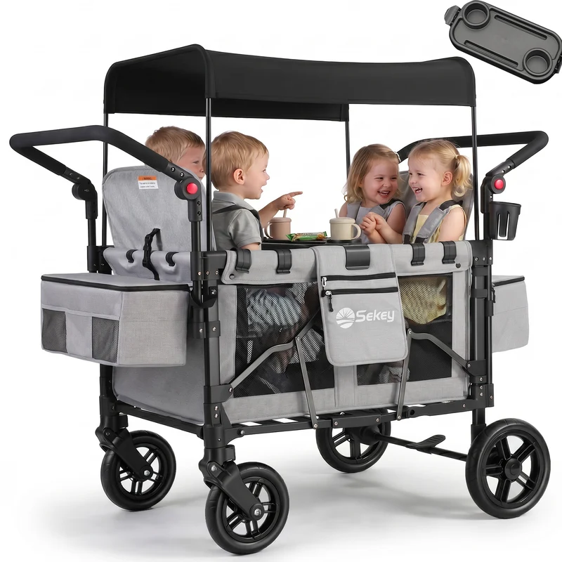 Sekey Kinder-Bollerwagen 7070, faltbar, mit Zwillingsmodus Face-to-Face & Back-to-Back, 80 kg Tragkraft, 5-Punkt-Gurt, 4-Rad-Federung, Sonnendach, Kühltasche & Getränkehalter Produktbeschreibung