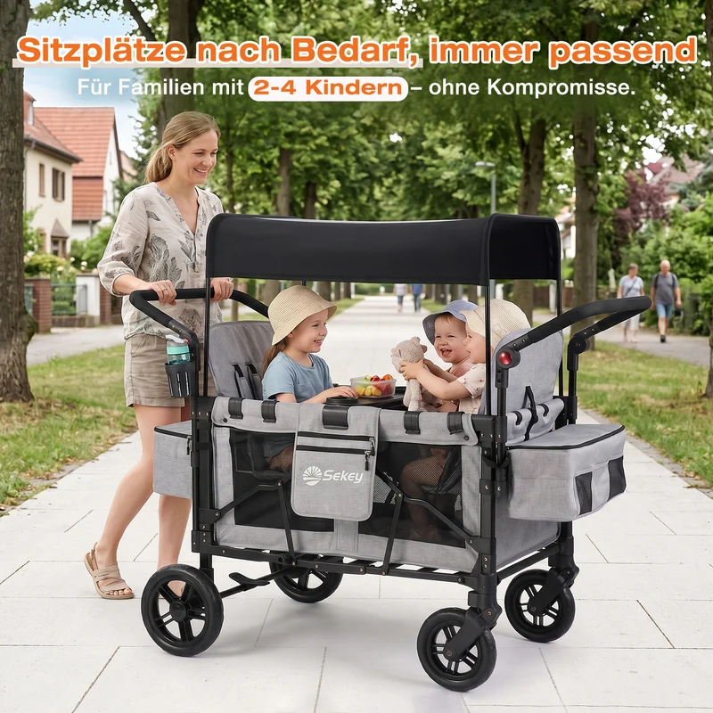 Sekey Kinder-Bollerwagen 7070, faltbar, mit Zwillingsmodus Face-to-Face & Back-to-Back, 80 kg Tragkraft, 5-Punkt-Gurt, 4-Rad-Federung, Sonnendach, Kühltasche & Getränkehalter Produktbeschreibung