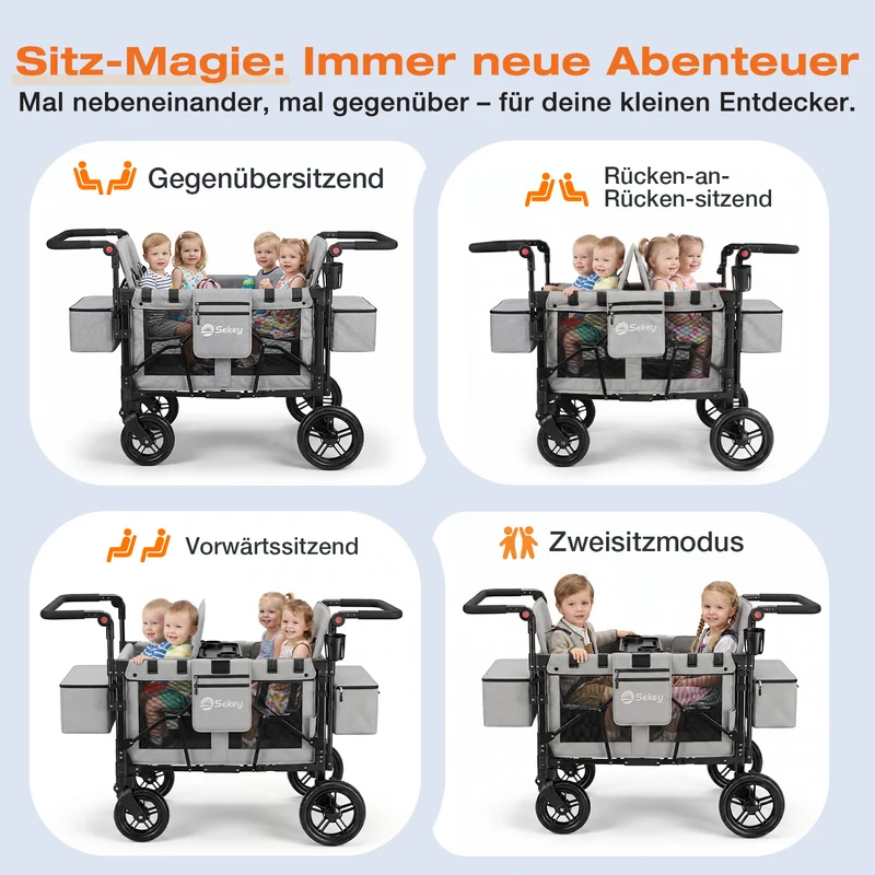 Sekey Kinder-Bollerwagen 7070, faltbar, mit Zwillingsmodus Face-to-Face & Back-to-Back, 80 kg Tragkraft, 5-Punkt-Gurt, 4-Rad-Federung, Sonnendach, Kühltasche & Getränkehalter Produktbeschreibung