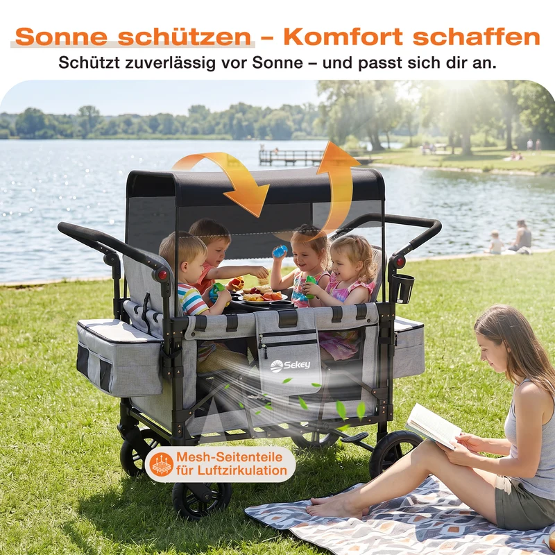 Sekey Kinder-Bollerwagen 7070, faltbar, mit Zwillingsmodus Face-to-Face & Back-to-Back, 80 kg Tragkraft, 5-Punkt-Gurt, 4-Rad-Federung, Sonnendach, Kühltasche & Getränkehalter Produktbeschreibung