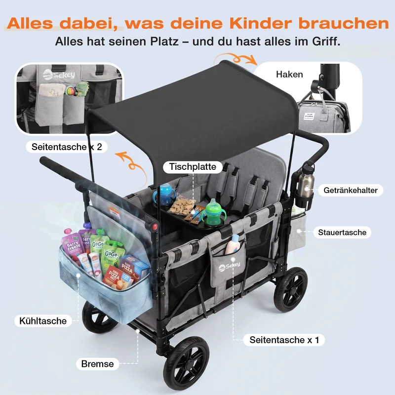 Sekey Kinder-Bollerwagen 7070, faltbar, mit Zwillingsmodus Face-to-Face & Back-to-Back, 80 kg Tragkraft, 5-Punkt-Gurt, 4-Rad-Federung, Sonnendach, Kühltasche & Getränkehalter Produktbeschreibung