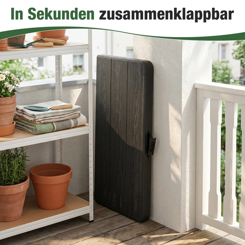 Sekey Klapptisch 86 x 86 cm, Gartentisch in Holzoptik, Wetterfester Balkontisch für 4 Personen, Klappbarer Outdoor-Tisch aus Kunststoff mit Metallgestell für Balkon, Terrasse & Garten, Schwarz
