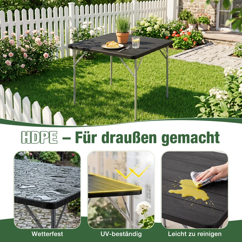Sekey Klapptisch 86 x 86 cm, Gartentisch in Holzoptik, Wetterfester Balkontisch für 4 Personen, Klappbarer Outdoor-Tisch aus Kunststoff mit Metallgestell für Balkon, Terrasse & Garten, Schwarz