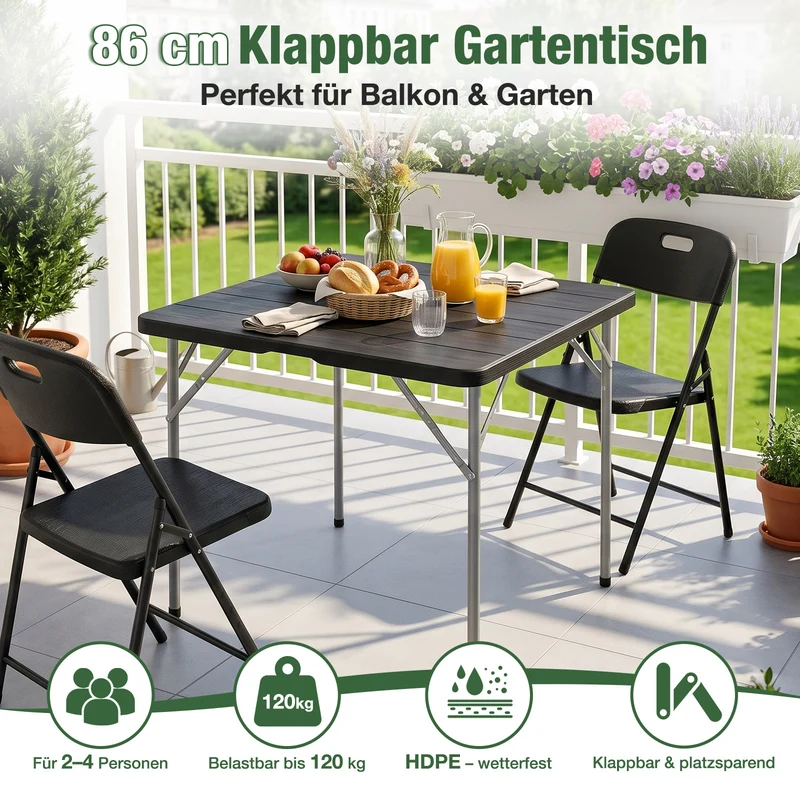 Sekey 5-tlg. Gartengarnitur für 4 Personen, Klappbarer Gartentisch mit 4 Klappstühlen, Wetterfeste Gartenmöbel, Platzsparendes Balkonmöbel-Set für Terrasse, Balkon & Garten, Schwarz
