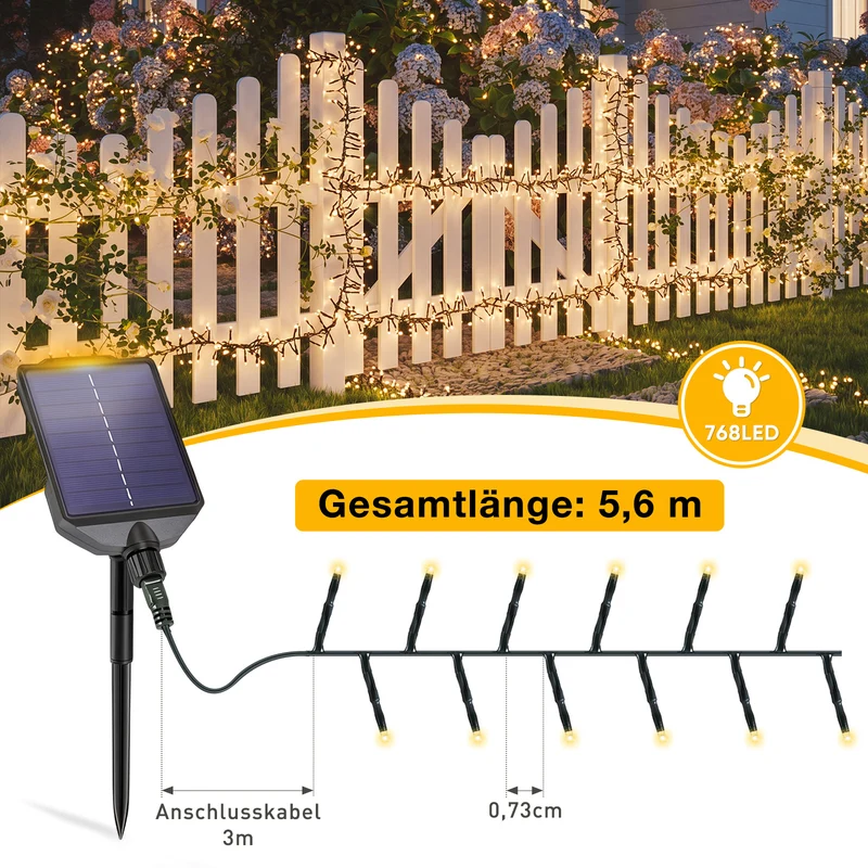 Salcar Solar Cluster Lichterkette Außen 768 LEDs, 8,6 m (5,6 m Licht + 3 m Kabel), Solar Lichterkette mit Fernbedienung, USB & Solar Ladefunktion, 13 Modi, Dimmbar, Warmweiß, Wetterfest für Garten & Balkon