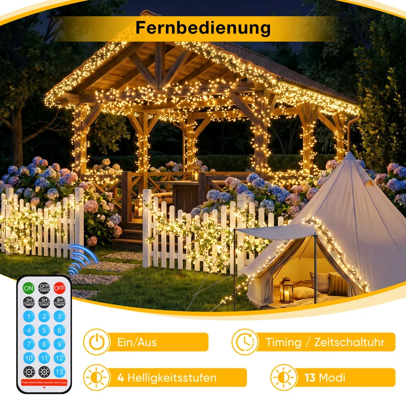 Salcar Solar Cluster Lichterkette Außen 768 LEDs, 8,6 m (5,6 m Licht + 3 m Kabel), Solar Lichterkette mit Fernbedienung, USB & Solar Ladefunktion, 13 Modi, Dimmbar, Warmweiß, Wetterfest für Garten & Balkon