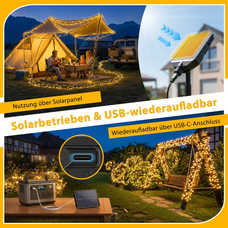 Salcar Solar Cluster Lichterkette Außen 768 LEDs, 8,6 m (5,6 m Licht + 3 m Kabel), Solar Lichterkette mit Fernbedienung, USB & Solar Ladefunktion, 13 Modi, Dimmbar, Warmweiß, Wetterfest für Garten & Balkon