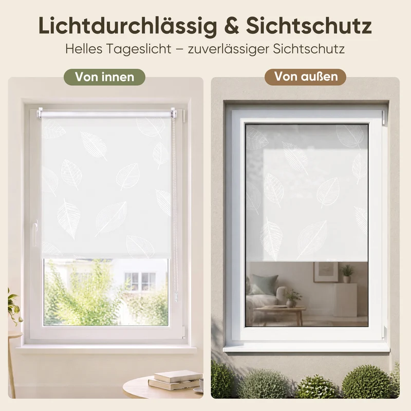 Sekey Rollo Blatt Weiß – Seitenzugrollo mit dekorativem Muster, Klemmfix ohne Bohren, lichtdurchlässig, stufenlos verstellbar