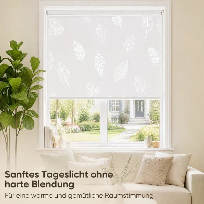 Sekey Rollo Blatt Weiß – Seitenzugrollo mit dekorativem Muster, Klemmfix ohne Bohren, lichtdurchlässig, stufenlos verstellbar