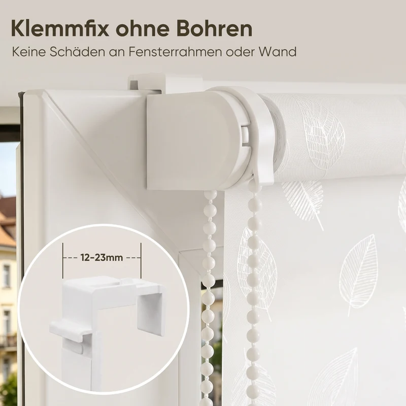 Sekey Rollo Blatt Weiß – Seitenzugrollo mit dekorativem Muster, Klemmfix ohne Bohren, lichtdurchlässig, stufenlos verstellbar