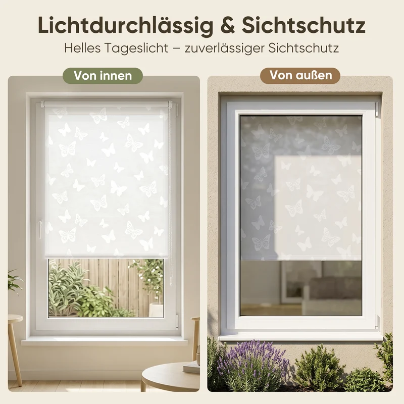 Sekey Rollo Schmetterling Weiß – Seitenzugrollo mit dekorativem Muster, Klemmfix ohne Bohren, lichtdurchlässig, stufenlos verstellbar