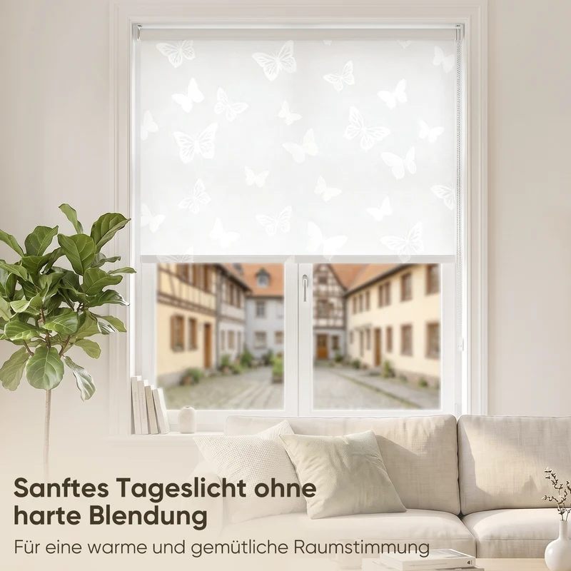 Sekey Rollo Schmetterling Weiß – Seitenzugrollo mit dekorativem Muster, Klemmfix ohne Bohren, lichtdurchlässig, stufenlos verstellbar