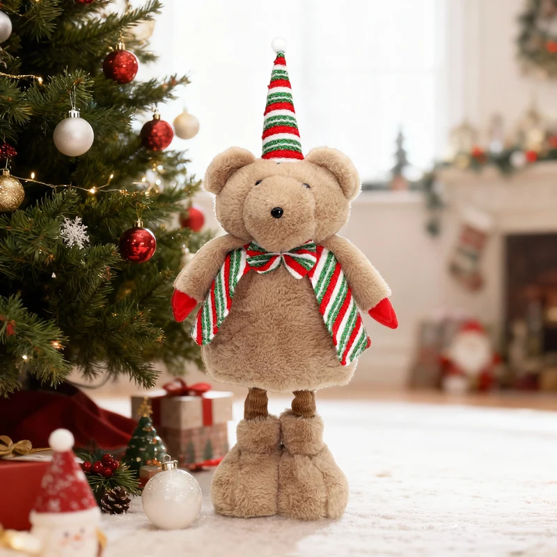 Salcar Weihnachtsfigur Plüsch-Bär 55–70 cm – Stehende Weihnachtsdeko mit verstellbaren Teleskopbeinen, Weicher Plüschbär für Kamin, Fensterbank & Wohnzimmer