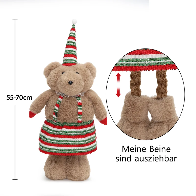 Salcar Weihnachtsfigur Plüsch-Bär 55–70 cm – Stehende Weihnachtsdeko mit verstellbaren Teleskopbeinen, Weicher Plüschbär für Kamin, Fensterbank & Wohnzimmer