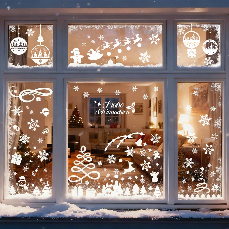 Salcar Fensterbilder Weihnachten – Wiederverwendbare Fensterdeko Weiß, Selbstklebend ohne Kleber, Beidseitig Sichtbar mit Schneeflocken, Häusern & Schneemann
