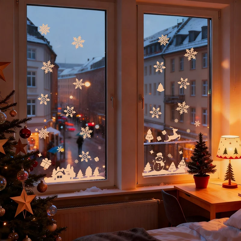Salcar Fensterbilder Weihnachten – Wiederverwendbare Fensterdeko Weiß, Selbstklebend ohne Kleber, Beidseitig Sichtbar mit Schneeflocken, Häusern & Schneemann