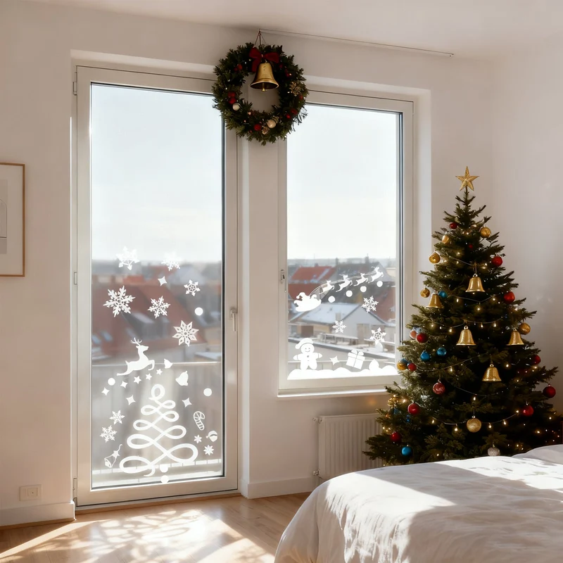 Salcar Fensterbilder Weihnachten – Wiederverwendbare Fensterdeko Weiß, Selbstklebend ohne Kleber, Beidseitig Sichtbar mit Schneeflocken, Häusern & Schneemann