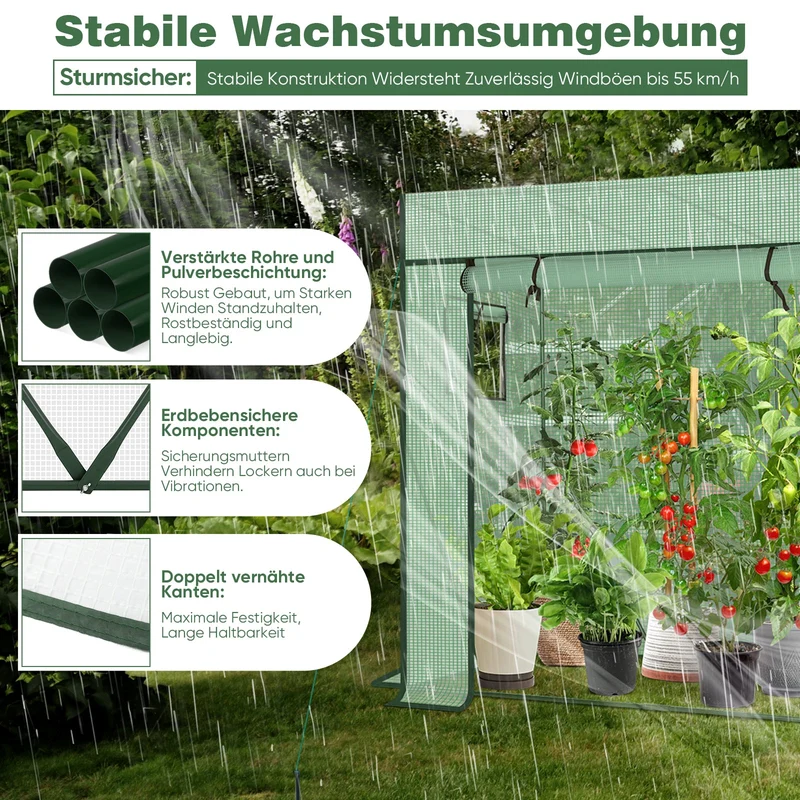 Sekey Tomatengewächshaus 200 x 170 x 77 cmBegehbares Folien-Gewächshaus für Balkon & Garten, stabil, winterfest & UV-beständig, Grün