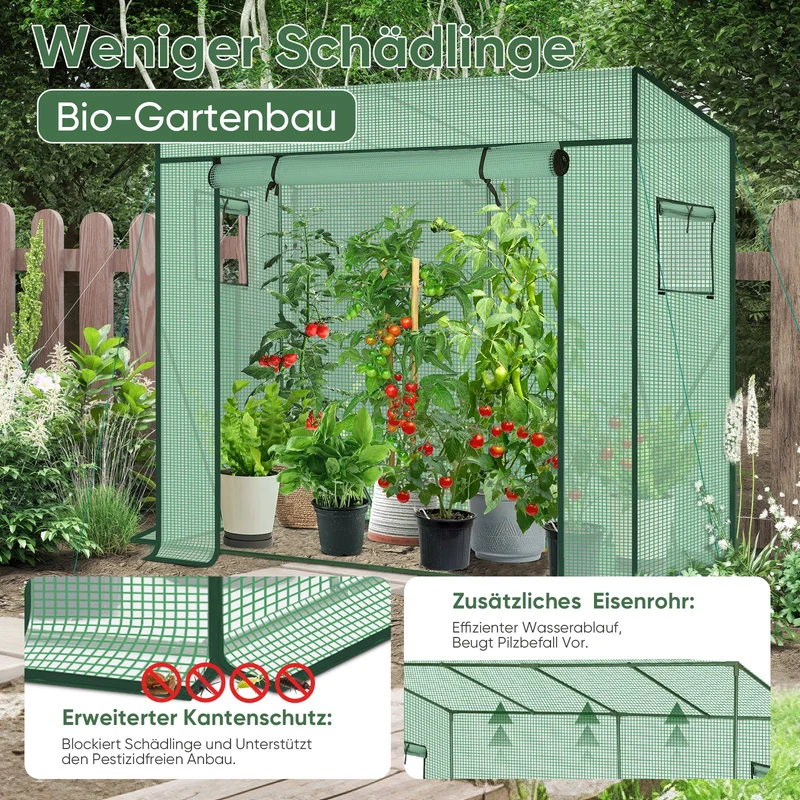 Sekey Tomatengewächshaus 200 x 170 x 77 cmBegehbares Folien-Gewächshaus für Balkon & Garten, stabil, winterfest & UV-beständig, Grün